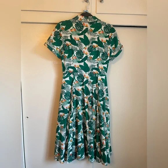 Collectif Green Tropical Print Dress S UK 10 Birds of Paradise Caterina Swing - Picture 7 of 10
